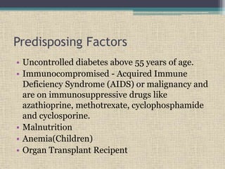 Predisposing Factors
• Uncontrolled diabetes above 55 years of age.
• Immunocompromised - Acquired Immune
Deficiency Syndrome (AIDS) or malignancy and
are on immunosuppressive drugs like
azathioprine, methotrexate, cyclophosphamide
and cyclosporine.
• Malnutrition
• Anemia(Children)
• Organ Transplant Recipent
 