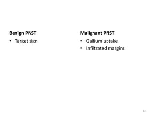 Benign PNST
• Target sign
Malignant PNST
• Gallium uptake
• Infiltrated margins
12
 