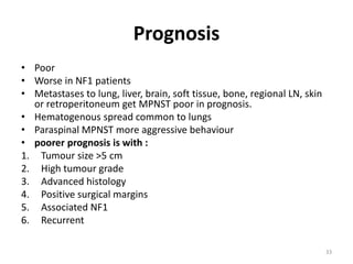 Prognosis
• Poor
• Worse in NF1 patients
• Metastases to lung, liver, brain, soft tissue, bone, regional LN, skin
or retroperitoneum get MPNST poor in prognosis.
• Hematogenous spread common to lungs
• Paraspinal MPNST more aggressive behaviour
• poorer prognosis is with :
1. Tumour size >5 cm
2. High tumour grade
3. Advanced histology
4. Positive surgical margins
5. Associated NF1
6. Recurrent
33
 