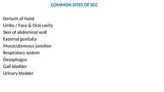 COMMON SITES OF SCC
Dorsum of hand
Limbs / Face & Oral cavity
Skin of abdominal wall
External genitalia
Mucocutaneous junction
Respiratory system
Oesophagus
Gall-bladder
Urinary bladder
 
