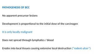 PATHOGENESIS OF BCC
No apparent precursor lesions
Development is proportional to the initial dose of the carcinogen
It is only locally malignant
Does not spread through lymphatics / blood
Erodes into local tissues causing extensive local destruction (“rodent ulcer”)
 