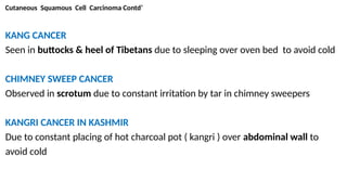 Cutaneous Squamous Cell Carcinoma Contd’
KANG CANCER
Seen in buttocks & heel of Tibetans due to sleeping over oven bed to avoid cold
CHIMNEY SWEEP CANCER
Observed in scrotum due to constant irritation by tar in chimney sweepers
KANGRI CANCER IN KASHMIR
Due to constant placing of hot charcoal pot ( kangri ) over abdominal wall to
avoid cold
 