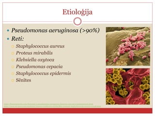 Etioloģija
 Pseudomonas aeruginosa (>90%)
 Reti:
 Staphylococcus aureus
 Proteus mirabilis
 Klebsiella oxytoca
 Pseudomonas cepacia
 Staphylococcus epidermis
 Sēnītes
http://fineartamerica.com/featured/3-pseudomonas-aeruginosa-bacteria-sem-steve-gschmeissner.html
http://www.sci-news.com/medicine/science-antibiotics-methicillin-resistant-staphylococcus-aureus-01548.html
 