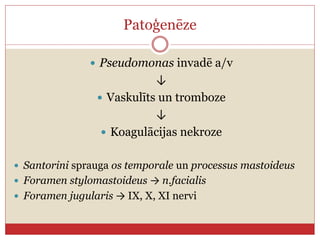 Patoģenēze
 Pseudomonas invadē a/v
↓
 Vaskulīts un tromboze
↓
 Koagulācijas nekroze
 Santorini sprauga os temporale un processus mastoideus
 Foramen stylomastoideus → n.facialis
 Foramen jugularis → IX, X, XI nervi
 