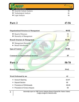 5 Internship report on NBP. Service Industry Branch Gujrat(The Nation’s Bank)
FAIQA LIAQAT (11042454-016)
 Social & Cultural Analysis 46
 Technological Analysis 46
 Legal Analysis 46
Part: 2 47-56
Organizational Structure & Management 48-52
 Board of Directors 50
 Hierarchy of Management 52
Branch Structure & Management 53-54
 Management Hierarchy 53
 Branch Introduction 54
Span of Control 55-56
Comments on Organizational structure 57
Part: 3 58-78
Branch Introduction 59-62
Work Performed by me 62
 Account Opening 62-67
 Deposit Section 68
 Procedure of Withdrawals 68-69
 Procedure of Cross cheques 69
 