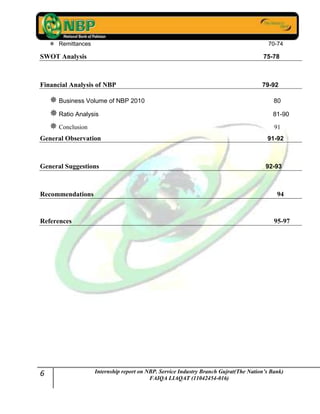 6 Internship report on NBP. Service Industry Branch Gujrat(The Nation’s Bank)
FAIQA LIAQAT (11042454-016)
 Remittances 70-74
SWOT Analysis 75-78
Financial Analysis of NBP 79-92
 Business Volume of NBP 2010 80
Ratio Analysis 81-90
 Conclusion 91
General Observation 91-92
General Suggestions 92-93
Recommendations 94
References 95-97
 