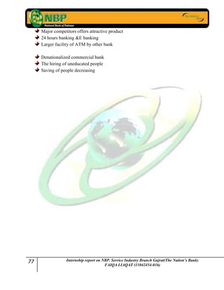 77 Internship report on NBP. Service Industry Branch Gujrat(The Nation’s Bank)
FAIQA LIAQAT (11042454-016)
Major competitors offers attractive product
24 hours banking &E banking
Larger facility of ATM by other bank
Denationalized commercial bank
The hiring of uneducated people
Saving of people decreasing
 