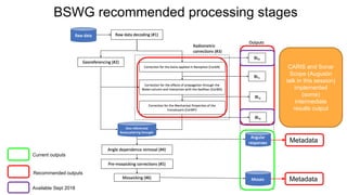 BSWG recommended processing stages
Current outputs
Recommended outputs
Metadata
Metadata
Available Sept 2018
CARIS and Sonar
Scope (Augustin
talk in this session)
implemented
(some)
intermediate
results output
 