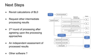Next Steps
● Revisit calculations of BL0
● Request other intermediate
processing results
● 2nd round of processing after
agreeing upon the processing
approaches
● An independent assessment of
processed results
● Other software ?
 