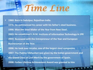  1960: Born in Sadulpur, Rajasthan India.
1976: He commenced his career with his father's steel business.
1996: Won the Steel Maker of the Year from New Steel.
2003: He established L.N.M. Institute of Information Technology in JPR
2004: Bestowed with the Entrepreneur of the Year and European
Businessman of the Year.
2006: He took over Arcelor, one of the largest steel companies.
2007: The Padma Vibhushan was given by the Indian government and
the Grand Cross of Civil Merit by the government of Spain.
2008: Forbes Lifetime Achievement Award was granted to him
 