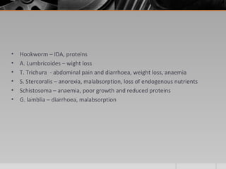 • Hookworm – IDA, proteins
• A. Lumbricoides – wight loss
• T. Trichura - abdominal pain and diarrhoea, weight loss, anaemia
• S. Stercoralis – anorexia, malabsorption, loss of endogenous nutrients
• Schistosoma – anaemia, poor growth and reduced proteins
• G. lamblia – diarrhoea, malabsorption
 
