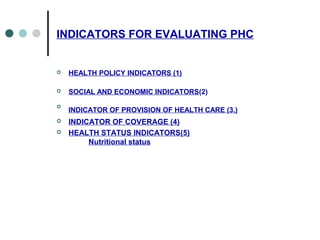 INDICATORS FOR EVALUATING PHC
 HEALTH POLICY INDICATORS (1)
 SOCIAL AND ECONOMIC INDICATORS(2)

INDICATOR OF PROVISION OF HEALTH CARE (3.)
 INDICATOR OF COVERAGE (4)
 HEALTH STATUS INDICATORS(5)
Nutritional status
 