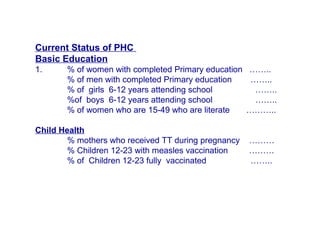 Current Status of PHC
Basic Education
1. % of women with completed Primary education ……..
% of men with completed Primary education ……..
% of girls 6-12 years attending school ……..
%of boys 6-12 years attending school ……..
% of women who are 15-49 who are literate ………..
Child Health
% mothers who received TT during pregnancy ………
% Children 12-23 with measles vaccination ………
% of Children 12-23 fully vaccinated ……..
 