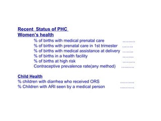 Recent Status of PHC
Women’s health
% of births with medical prenatal care ………
% of births with prenatal care in 1st trimester ……..
% of births with medical assistance at delivery ……..
% of births in a health facility ……..
% of births at high risk ………
Contraceptive prevalence rate(any method) ………
Child Health
% children with diarrhea who received ORS ……….
% Children with ARI seen by a medical person ……….
 
