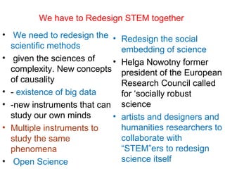 We have to Redesign STEM together
• We need to redesign the
scientific methods
• given the sciences of
complexity. New concepts
of causality
• - existence of big data
• -new instruments that can
study our own minds
• Multiple instruments to
study the same
phenomena
• Open Science
• Redesign the social
embedding of science
• Helga Nowotny former
president of the European
Research Council called
for ‘socially robust
science
• artists and designers and
humanities researchers to
collaborate with
“STEM”ers to redesign
science itself
 