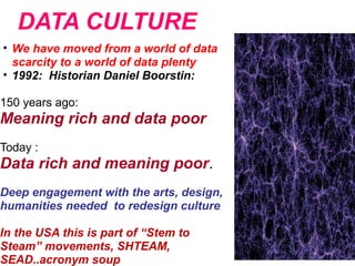 DATA CULTURE
• We have moved from a world of data
scarcity to a world of data plenty
• 1992: Historian Daniel Boorstin:
150 years ago:
Meaning rich and data poor
Today :
Data rich and meaning poor.
Deep engagement with the arts, design,
humanities needed to redesign culture
In the USA this is part of “Stem to
Steam” movements, SHTEAM,
SEAD..acronym soup
 