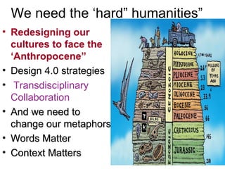 We need the ‘hard” humanities”
• Redesigning our
cultures to face the
‘Anthropocene”
• Design 4.0 strategies
• Transdisciplinary
Collaboration
• And we need toAnd we need to
change our metaphorschange our metaphors
• Words MatterWords Matter
• Context MattersContext Matters
 