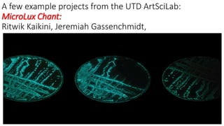 A few example projects from the UTD ArtSciLab:
MicroLux Chant:
Ritwik Kaikini, Jeremiah Gassenchmidt,
 