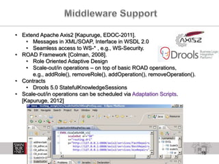 18
• Extend Apache Axis2 [Kapuruge, EDOC-2011].
• Messages in XML/SOAP, Interface in WSDL 2.0
• Seamless access to WS-* , e.g., WS-Security.
• ROAD Framework [Colman, 2008].
• Role Oriented Adaptive Design
• Scale-out/in operations – on top of basic ROAD operations,
e.g., addRole(), removeRole(), addOperation(), removeOperation().
• Contracts
• Drools 5.0 StatefulKnowledgeSessions
• Scale-out/in operations can be scheduled via Adaptation Scripts.
[Kapuruge, 2012]
 
