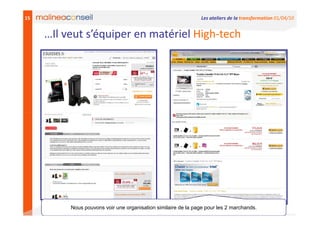 15                                                             Les ateliers de la transformation 01/04/10


     …Il veut s’équiper en matériel High-tech




          Nous pouvons voir une organisation similaire de la page pour les 2 marchands.
 