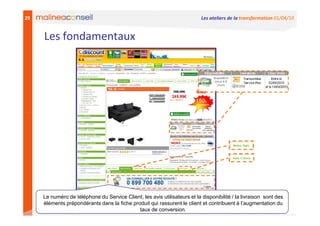 29                                                                         Les ateliers de la transformation 01/04/10


     Les fondamentaux




     Le numéro de téléphone du Service Client, les avis utilisateurs et la disponibilité / la livraison sont des
     éléments prépondérants dans la fiche produit qui rassurent le client et contribuent à l’augmentation du
                                             taux de conversion.
 