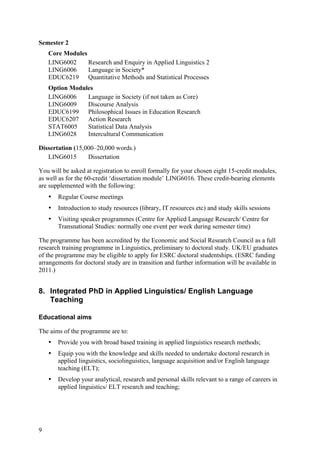 Semester 2
    Core Modules
    LING6002     Research and Enquiry in Applied Linguistics 2
    LING6006     Language in Society*
    EDUC6219 Quantitative Methods and Statistical Processes
    Option Modules
    LING6006    Language in Society (if not taken as Core)
    LING6009    Discourse Analysis
    EDUC6199 Philosophical Issues in Education Research
    EDUC6207 Action Research
    STAT6005    Statistical Data Analysis
    LING6028    Intercultural Communication

Dissertation (15,000–20,000 words.)
   LING6015       Dissertation

You will be asked at registration to enroll formally for your chosen eight 15-credit modules,
as well as for the 60-credit ‘dissertation module’ LING6016. These credit-bearing elements
are supplemented with the following:
    •   Regular Course meetings
    •   Introduction to study resources (library, IT resources etc) and study skills sessions
    •   Visiting speaker programmes (Centre for Applied Language Research/ Centre for
        Transnational Studies: normally one event per week during semester time)

The programme has been accredited by the Economic and Social Research Council as a full
research training programme in Linguistics, preliminary to doctoral study. UK/EU graduates
of the programme may be eligible to apply for ESRC doctoral studentships. (ESRC funding
arrangements for doctoral study are in transition and further information will be available in
2011.)


8. Integrated PhD in Applied Linguistics/ English Language
   Teaching

Educational aims

The aims of the programme are to:
    •   Provide you with broad based training in applied linguistics research methods;
    •   Equip you with the knowledge and skills needed to undertake doctoral research in
        applied linguistics, sociolinguistics, language acquisition and/or English language
        teaching (ELT);
    •   Develop your analytical, research and personal skills relevant to a range of careers in
        applied linguistics/ ELT research and teaching;




9
 