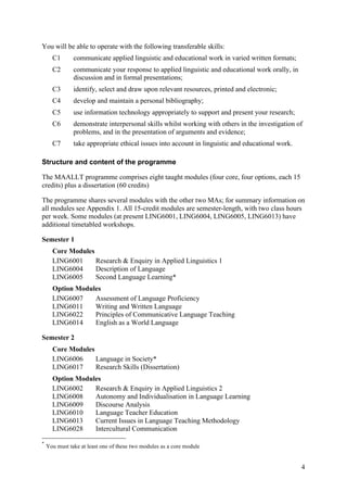 You will be able to operate with the following transferable skills:
      C1       communicate applied linguistic and educational work in varied written formats;
      C2       communicate your response to applied linguistic and educational work orally, in
               discussion and in formal presentations;
      C3       identify, select and draw upon relevant resources, printed and electronic;
      C4       develop and maintain a personal bibliography;
      C5       use information technology appropriately to support and present your research;
      C6       demonstrate interpersonal skills whilst working with others in the investigation of
               problems, and in the presentation of arguments and evidence;
      C7       take appropriate ethical issues into account in linguistic and educational work.

Structure and content of the programme

The MAALLT programme comprises eight taught modules (four core, four options, each 15
credits) plus a dissertation (60 credits)

The programme shares several modules with the other two MAs; for summary information on
all modules see Appendix 1. All 15-credit modules are semester-length, with two class hours
per week. Some modules (at present LING6001, LING6004, LING6005, LING6013) have
additional timetabled workshops.

Semester 1
      Core Modules
      LING6001     Research & Enquiry in Applied Linguistics 1
      LING6004     Description of Language
      LING6005     Second Language Learning*
      Option Modules
      LING6007    Assessment of Language Proficiency
      LING6011    Writing and Written Language
      LING6022    Principles of Communicative Language Teaching
      LING6014    English as a World Language

Semester 2
      Core Modules
      LING6006     Language in Society*
      LING6017     Research Skills (Dissertation)
      Option Modules
      LING6002    Research & Enquiry in Applied Linguistics 2
      LING6008    Autonomy and Individualisation in Language Learning
      LING6009    Discourse Analysis
      LING6010    Language Teacher Education
      LING6013    Current Issues in Language Teaching Methodology
      LING6028    Intercultural Communication
*
    You must take at least one of these two modules as a core module


                                                                                                  4
 