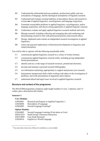 B2       Understand the relationship between academic, professional, public and user
               conceptions of language, and the ideological assumptions of linguistic research;
      B3       Understand and evaluate existing traditions of description, theory and research in
               at least one of applied linguistics, sociolinguistics and language acquisition;
      B4       Formulate researchable problems in applied linguistics, sociolinguistics, and/or
               language acquisition, and choose among approaches to applied linguistic research;
      B5       Understand, evaluate and apply applied linguistics research methods and tools;
      B6       Manage research, including collecting and managing data and conducting and
               disseminating research in line with professional practice and research ethics;
      B7       Design, implement and evaluate an independent research investigation in applied
               linguistics;
      B8       Assess the practical implications of theoretical developments in linguistics and
               related disciplines.

You will be able to operate with the following transferable skills:
      C1       communicate applied linguistics research in a variety of written formats;
      C2       communicate applied linguistics research orally, including giving independent
               formal presentations;
      C3       identify and use a wide range of research resources, printed and electronic;
      C4       develop and maintain a personal research bibliography;
      C5       use information technology appropriately to support and present your research;
      C6       demonstrate interpersonal skills whilst working with others in the investigation of
               problems, and in the presentation of arguments and evidence;
      C7       understand ethical and legal issues involved in applied linguistics research.

Structure and content of the programme

The MAALRM programme comprises eight taught modules (5 core, 3 options), each 15
credits, plus a dissertation (60 credits).

Semester 1
      Core Modules
      LING6001     Research and Enquiry in Applied Linguistics 1
      LING6004     Description of Language
      LING6005     Second Language Learning*
      Option Modules
      LING6005    Second Language Learning (if not taken as Core)
      EDUC6223 Small Group/ Classroom Interaction
      EDUC8003 Case Study Research
      LING6014    English as a World Language


*
    You must take at least one of these two modules as a core module


                                                                                                    8
 