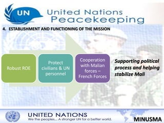 4. ESTABLISHMENT AND FUNCTIONING OF THE MISSION 
MINUSMA 
Robust ROE 
Protect 
civilians & UN 
personnel 
Cooperation 
with Malian 
forces – 
French Forces 
Supporting political 
process and helping 
stabilize Mali 
 