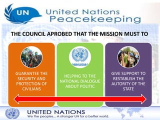 THE COUNCIL APROBED THAT THE MISSION MUST TO 
GUARANTEE THE 
SECURITY AND 
PROTECTION OF 
CIVILIANS 
HELPING TO THE 
NATIONAL DIALOGUE 
ABOUT POLITIC 
GIVE SUPPORT TO 
RESTABLISH THE 
AUTORITY OF THE 
STATE 
 