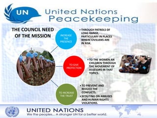 THE COUNCIL NEED 
OF THE MISSION INCREASE 
THE 
PRESENCE 
• THROUGH PATROLS OF 
LONG RANGE, 
PARTICULARY IN PLACES 
WHERE CIVILIANS ARE 
IN RISK. 
TO GIVE 
PROTECTION 
• TO THE WOMEN AN 
CHILDREN THROUGH 
THE MOVEMENT OF 
ASSESORS IN THAT 
TOPICS. 
TO INCREASE 
THE TRUST 
• TO PREVENT AND 
REDUCE THE 
CONFLICTS. 
• SCOUTING ON ABBUSES 
AND HUMAN RIGHTS 
VIOLATIONS. 
 