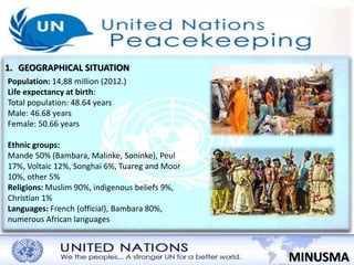 1. GEOGRAPHICAL SITUATION 
MINUSMA 
Population: 14,88 million (2012.) 
Life expectancy at birth: 
Total population: 48.64 years 
Male: 46.68 years 
Female: 50.66 years 
Ethnic groups: 
Mande 50% (Bambara, Malinke, Soninke), Peul 
17%, Voltaic 12%, Songhai 6%, Tuareg and Moor 
10%, other 5% 
Religions: Muslim 90%, indigenous beliefs 9%, 
Christian 1% 
Languages: French (official), Bambara 80%, 
numerous African languages 
 