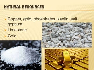 NATURAL RESOURCES
 Copper, gold, phosphates, kaolin, salt,
gypsum,
 Limestone
 Gold
 Salt
 