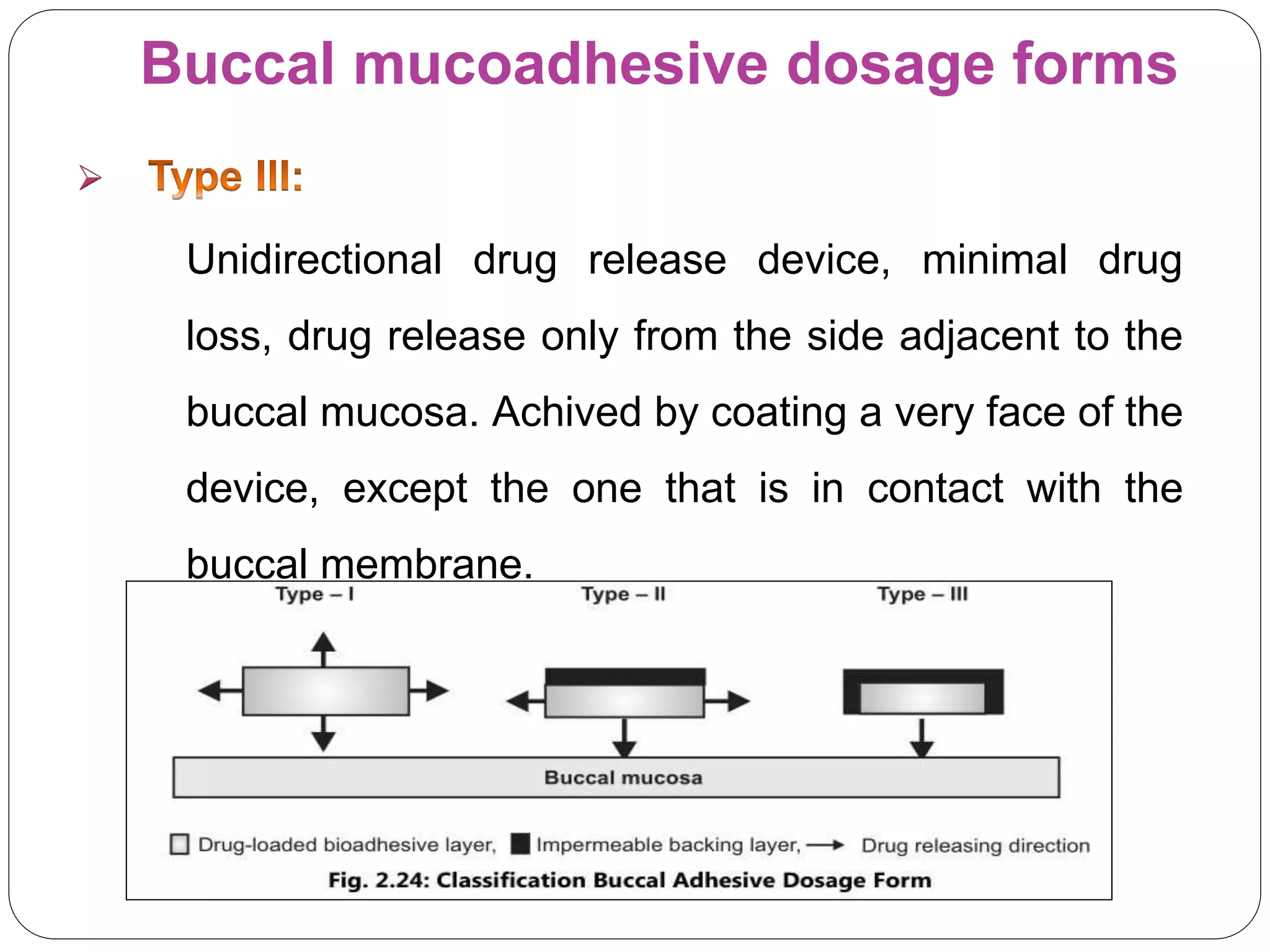 Buccal mucoadhesive dosage forms

Unidirectional drug release device, minimal drug
loss, drug release only from the side adjacent to the
buccal mucosa. Achived by coating a very face of the
device, except the one that is in contact with the
buccal membrane.
 