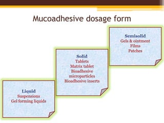 Mucoadhesive dosage form
Gels & ointment
Films
Patches
Tablets
Matrix tablet
Bioadhesive
microparticles
Bioadhesive inserts
Suspensions
Gel forming liquids
 