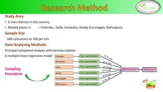 Study Area
• 6 main districts in the country
• Market places in – Colombo , Galle, Gampaha, Kandy, Kurunegala, Rathnapura
Sample Size
600 consumers as 100 per city
Data Analysing Methods
Principal component analysis with varimax rotation
A multiple linear regression model
144 buyersSampling
Procedure
5
 