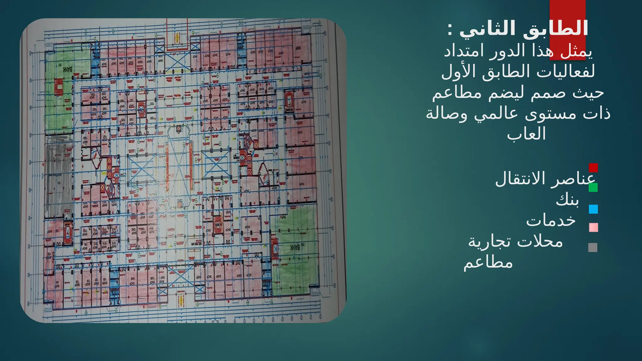 : ‫الثاني‬ ‫ابق‬/
‫ط‬‫ال‬
‫امتداد‬ ‫الدور‬ ‫هذا‬ ‫يمثل‬
‫األول‬ ‫الطابق‬ ‫لفعاليات‬
‫مطاعم‬ ‫ليضم‬ ‫صمم‬ ‫حيث‬
‫وصالة‬ ‫عالمي‬ ‫مستوى‬ ‫ذات‬
‫العاب‬
‫االنتقال‬ ‫عناصر‬
‫بنك‬
‫خدمات‬
‫تجارية‬ ‫محالت‬
‫مطاعم‬
 