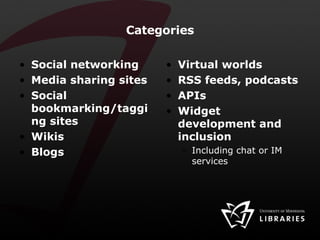 Categories Social networking Media sharing sites Social bookmarking/tagging sites Wikis Blogs Virtual worlds RSS feeds, podcasts APIs Widget development and inclusion Including chat or IM services 
