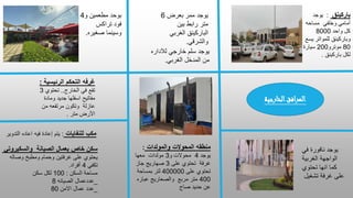 ‫باركينق‬
:
‫يوجد‬
‫مساحه‬ ‫وخلفي‬ ‫أمامي‬
‫واحد‬ ‫كل‬
8000
‫يسع‬ ‫للمواتر‬ ‫وباركينق‬
80
‫موتر‬
‫و‬
200
‫سيارة‬
‫باركينق‬ ‫لكل‬
.
‫مكب‬
‫للنفايات‬
:
‫التدوير‬ ‫اعاده‬ ‫فيه‬ ‫إعادة‬ ‫يتم‬
‫سكن‬
‫والسكيروتي‬ ‫الصيانة‬ ‫بعمال‬ ‫خاص‬
‫وصاله‬ ‫ومطبخ‬ ‫وحمام‬ ‫غرفتين‬ ‫على‬ ‫يحتوي‬
‫تكفي‬
4
‫أفراد‬
.
‫السكن‬ ‫مساحة‬
:
100
‫سكن‬ ‫لكل‬
_
‫الصيانه‬ ‫عددعمال‬
8
_
‫االمن‬ ‫عمال‬ ‫عدد‬
80
‫منطقه‬
‫والمولدات‬ ‫المحوالت‬
:
‫يوجد‬
4
‫و‬ ‫محوالت‬
3
‫معها‬ ‫مولدات‬
‫على‬ ‫تحتوي‬ ‫غرفة‬
3
‫جاز‬ ‫صهاريج‬
‫على‬ ‫تحتوي‬
400000
‫بمساحة‬ ‫لتر‬
400
‫عباره‬ ‫والصعاريج‬ ‫مربع‬ ‫متر‬
‫صاج‬ ‫حديد‬ ‫عن‬
‫غرفه‬
‫الرئيسية‬ ‫التحكم‬
:
‫الخارج‬ ‫في‬ ‫تقع‬
..
‫تحتوي‬
3
‫ومادة‬ ‫جديد‬ ‫اسفلها‬ ‫مفاتيح‬
‫من‬ ‫مرتفعه‬ ‫وتكون‬ ‫عازلة‬
‫األرض‬
‫متر‬
.
‫بوحد‬
‫و‬ ‫مطعمين‬
4
‫تراكس‬ ‫فود‬
‫صغيره‬ ‫وسينما‬
.
‫يوجد‬
‫لالداره‬ ‫خارجي‬ ‫سلم‬
‫الغربي‬ ‫المدخل‬ ‫من‬
.
‫في‬ ‫نافورة‬ ‫يوجد‬
‫الغربية‬ ‫الواجهة‬
‫تحتوي‬ ‫انها‬ ‫كما‬
‫تشغيل‬ ‫غرفة‬ ‫على‬
‫يوجد‬
‫ممر‬
‫بعرض‬
6
‫بين‬ ‫رابط‬ ‫متر‬
‫الغربي‬ ‫الباركينق‬
‫والشرقي‬
.
‫الخارجية‬‫افق‬‫ر‬‫الم‬
 