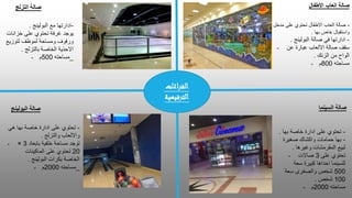 ‫االطفال‬ ‫العاب‬ ‫صالة‬
-
‫مدخل‬ ‫على‬ ‫تحتوي‬ ‫االطفال‬ ‫العاب‬ ‫صالة‬
‫بها‬ ‫خاص‬ ‫واستقبال‬
.
-
‫البولينج‬ ‫صالة‬ ‫في‬ ‫ادارتها‬
.
- ‫سقف‬
‫عن‬ ‫عبارة‬ ‫االلعاب‬ ‫صالة‬
‫الزنك‬ ‫من‬ ‫الواح‬
.
- ‫مساحته‬
800
‫م‬
‫التزلج‬ ‫صالة‬
-
‫البولينج‬ ‫مع‬ ‫ادارتها‬
.
‫يوجد‬
‫خزانات‬ ‫على‬ ‫تحتوي‬ ‫غرفة‬
‫ورفوف‬
‫و‬
‫ل‬ ‫مساحة‬
‫موظف‬
‫لتوزيع‬
‫بالتزلج‬ ‫الخاصة‬ ‫االحذية‬
.
- _
‫مساحته‬
500
‫م‬
‫السينما‬ ‫صالة‬
-
‫بها‬ ‫خاصة‬ ‫ادارة‬ ‫على‬ ‫تحتوي‬
.
-
‫صغيرة‬ ‫واكشاك‬ ‫حمامات‬ ‫بها‬
‫وغيرها‬ ‫المقرمشات‬ ‫لبيع‬
.
- ‫تحتوي‬
‫على‬
3
‫صاالت‬
‫سعة‬ ‫كبيرة‬ ‫احداها‬ ‫للسينما‬
500
‫شخص‬
‫سعة‬ ‫والصغرى‬
100
‫شخص‬
.
- ‫مساحته‬
2000
‫م‬
‫البولينج‬ ‫صالة‬
-
‫هي‬ ‫بها‬ ‫خاصة‬ ‫ادارة‬ ‫على‬ ‫تحتوي‬
‫والتزلج‬ ‫وااللعاب‬
.
- ‫توجد‬
‫بابعاد‬ ‫خلفية‬ ‫مساحة‬
3
×
20
‫الماكينات‬ ‫على‬ ‫تحتوي‬
‫البولينج‬ ‫بكرات‬ ‫الخاصة‬
.
- _
‫مساحته‬
2000
‫م‬
‫اغات‬‫ر‬‫الف‬
‫الترفيهية‬
 
