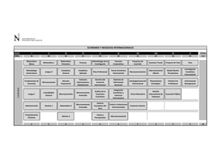 CICLO I II III IV V VI VII VIII IX X TOTAL
CRÉD. 21 20 21 21 22 22 21 21 22 22 213
Matemática
Básica
Matemática I
Matemática
Financiera
Finanzas
Metodología de la
Investigación
Finanzas
Corporativas
Proyectos de
Inversión
Business Trends Proyecto de Tesis Tesis
Metodología
Universitaria
Lengua II
Estadística
General
Estadística
Aplicada
Ética Profesional
Teoría Económica
Internacional
Macroeconometría
Macroeconomía
Abierta
Global Market
Perspectives
Investigación
Económica
Internacional
Fundamentos de
Economía
Microeconomía
Derecho
Empresarial
Comercio
Internacional y
Globalización
Derecho del
Comercio
Internacional
Sistemas de
Información
Gerencial
EstrategiaComercial
Internacional
Planeamiento
Estratégico
Práctica Pre
Profesional
Internacional
Management
Lengua I
Contabilidad
General
Macroeconomía
Microeconomía
Avanzada
Análisis de la
Coyuntura
Económica
Integración
Económica y
Comercio
Internacional
Teoría Monetaría
Gestión
Internacional de
Empresas
Economía Pública
Administración Electivo 1 Matemática II
Macroeconomía
Avanzada
Historia
Económica del
Perú
Costos y Cotizaciones
Internacionales
Comercio Exterior
Presentaciones
Efectivas
Electivo 2
Costos y
Presupuestos
Microeconometría
6 5 6 5 6 6 5 4 4 3 50
ECONOMÍA Y NEGOCIOS INTERNACIONALES
C
U
R
S
O
S
 