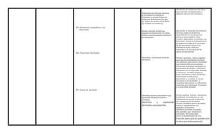 25. Polinomios aritméticos con
fracciones
26. Fracciones decimales
27. Clases de decimals
Argumenta de diversas maneras
la necesidad de establecer
relaciones y características en
conjuntos de números (ser par,
ser impar, ser primo,ser el doble
de, la mitad de, etcétera.)
Realiza cálculos numéricos,
organiza la información en tablas,
elabora representaciones gráficas y
las interpreta.
Identifica y representa números
decimales.
Identifica números decimales cuya
expansión decimal es exacta o
periódica.
Identifica y representa
decimales equivalentes.
delcálculo de volúmenes de cubos,
para recordar la potenciación y
aplicarla ahora a las fracciones.
Aproveche la situación de comienzo
de tema (cómo se dividirá la
superficie de un muralpara su
pintura),para explicar cómo
resolver polinomios aritméticos con
fracciones. Insista en la importancia
de seguir las reglas de la jerarquía
de las operaciones (que ya se
trabajaron en los números
naturales) y la jerarquía de los
signos de agrupación,
Plantee ejercicios como propósito
para que los estudiantes escriban
con palabras expresiones decimales
que indican diferentes medidas ;
conviertan fracciones decimales en
expresiones decimales ; relacionen
fracciones con su expresión decimal
y viceversa ; escriban estaturas
como fracciones y como decimales ;
determinen en diferentes
situaciones si es mejor el uso de
fracciones o de decimales ; y
resuelvan situaciones en diferentes
contextos que relacionan fracciones
y su expresión decimal.
Puede empèzar la clase , simulando
la solicitud de productos en una
salsamentaria, puede explicar las
tres categorías de decimales
(exacto, periódico puro y periódico
mixto) y complemente con
ejemplos propuestos.
Acláreles que estos decimales
son aquellos que resultan de
la división del numerador
entre el denominador de una
fracción,para que no quedencon
la ideaque todaexpresión
 