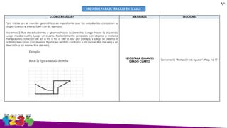 ¿CÓMO AVANZAR? MATERIALES SECCIONES
Para iniciar en el mundo geométrico es importante que los estudiantes conozcan su
propio cuerpo e interactúen con él, ejemplo:
Hacemos 2 filas de estudiantes y giramos hacia la derecha. Luego hacia la izquierda.
Luego media vuelta, luego un cuarto. Posteriormente se realiza con objetos o material
manipulativo, rotación de 30° o 45° o 90° o 180° o 360° por parejas, y luego se plasma la
actividad en hojas con diversas figuras en sentido contrario a las manecillas del reloj y en
dirección a las manecillas del reloj.
RETOS PARA GIGANTES
GRADO CUARTO
Semana15. “Rotación de figuras”. Pág. 16-17
RECURSOS PARA EL TRABAJO EN EL AULA
4°
 