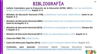 • Instituto Colombiano para la Evaluación de la Educación [ICFES]. (2021). Guía de orientación.
Grado cuarto Matemáticas. Bogotá, D. C.
• Ministerio de Educación Nacional (1998). Lineamientos Curriculares. Matemáticas. Santa Fe de
Bogotá, D. C.
• Ministerio de Educación Nacional (2005). Estándares básicos de competencias de Matemáticas.
Santa Fe de Bogotá, D. C.
• Ministerio de Educación Nacional (2018). Orientaciones pedagógicas. Matemáticas. Siempre Día
E. Bogotá, D. C.
• Ministerio de Educación Nacional (2017). Mallas de aprendizaje grado cuarto. Bogotá, D. C.
• Colección PREST. PTA. Grado Cuarto.
• Colección Retos para Gigantes (2014). Grado Cuarto. Fundación Alberto Merani. Bogotá, D.C.
• Contenidos para Aprender (Contenido digital). Capsulas Educativas digitales.
https://contenidosparaaprender.colombiaaprende.edu.co/MenuPrimaria/index.html
4°
 