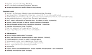 Respeta las reglas básicas del dialogo. (Actitudinal)
Da un buen trato a sus compañeros y compañeras. (Actitudinal)
Resuelve los conflictos con los demás de manera pacífica. (Actitudinal)

SEGUNDO PERIODO
Construye e identifica ángulos y triángulos de acuerdo con sus características. (Conceptual)
Aplica la propiedad conmutativa y asociativa de la suma en la resolución de diferentes problemas. (Conceptual)
Identifica los datos como elementos que adquieren significado, cuando ofrecen información confiable de un contexto dado.(Conceptual)
Mide y establece congruencias y semejanzas entre varios objetos. (Procedimental)
Utiliza y establece relaciones entre las medidas de longitud, de superficie y de tiempo. (Procedimental)
Interpreta y resuelve situaciones por medio del algoritmo de la división. (Procedimental)
Desarrolla habilidades de cálculo mental en la resolución de problemas. (Procedimental)
Respeta las reglas básicas del dialogo. (Actitudinal).
Da un buen trato a sus compañeros y compañeras. (Actitudinal).
Resuelve los conflictos con los demás de manera pacífica.(Actitudinal

TERCER PERIODO
Reconoce la división exacta e inexacta. (Conceptual)
Halla el área y el perímetro de figuras geométricas y de objetos del entorno. (Conceptual)
Encuentra la posición de un objeto con relación a un punto en la barra.
Equivalencia entre medidas: volumen, capacidad, peso. (Procedimental)
Plantea y resuelve problemas que requieran de la división. (Procedimental)
Emplea diagramas de barras para representar y analizar datos.
(Procedimental)
Compara, relaciona y mide diferentes elementos, utilizando medidas de capacidad, volumen y peso. (Procedimental)
Respeta las reglas básicas del dialogo. (Actitudinal).

 