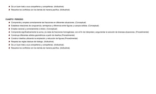 Da un buen trato a sus compañeros y compañeras. (Actitudinal).
Resuelve los conflictos con los demás de manera pacífica. (Actitudinal).

CUARTO PERIODO
Comprende y emplea correctamente las fracciones en diferentes situaciones. (Conceptual)
Establece relaciones de congruencia, semejanza y diferencia entre figuras y cuerpos sólidos. (Conceptual)
Emplea racional y correctamente e dinero. (Conceptual)
Comprende significativamente la suma y la resta de fracciones homogéneas, con el fin de interpretar y argumentar la solución de diversas situaciones. (Procedimental)
Construye diferentes sólidos geométricos a partir de diseños.(Procedimental)
Construir diseños utilizando la ampliación y reducción de figuras.(Procedimental)
Respeta las reglas básicas del dialogo. (Actitudinal)
Da un buen trato a sus compañeros y compañeras. (Actitudinal).
Resuelve los conflictos con los demás de manera pacífica. (Actitudinal).

 