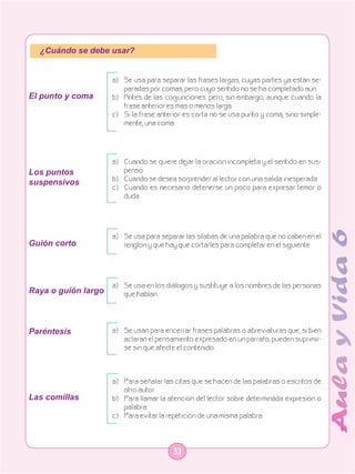 ¿Cuándo se debe usar?


                     a)	 Se usa para separar las frases largas, cuyas partes ya están se-
                         paradas por comas, pero cuyo sentido no se ha completado aún.
El punto y coma      b)	 Antes de las conjunciones: pero, sin embargo, aunque cuando la
                         frase anterior es más o menos larga.
                     c)	 Si la frase anterior es corta no se usa punto y coma, sino simple-
                         mente, una coma.




                     a)	 Cuando se quiere dejar la oración incompleta y el sentido en sus-
Los puntos               penso.
                     b)	 Cuando se desea sorprender al lector con una salida inesperada.
suspensivos
                     c)	 Cuando es necesario detenerse un poco para expresar temor o
                         duda.




                     a)	 Se usa para separar las sílabas de una palabra que no caben en el
Guión corto              renglón y que hay que cortarles para completar en el siguiente.




                     a)	 Se usa en los diálogos y sustituye a los nombres de las personas
Raya o guión largo       que hablan.




Paréntesis           a)	 Se usan para encerrar frases palabras o abreviaturas que, si bien
                         aclaran el pensamiento expresado en un párrafo, pueden suprimir-
                         se sin que afecte el contenido.



                     a)	 Para señalar las citas que se hacen de las palabras o escritos de
                         otro autor.
Las comillas         b)	 Para llamar la atención del lector sobre determinada expresión o
                         palabra.
                     c)	 Para evitar la repetición de una misma palabra.




                                         33
 