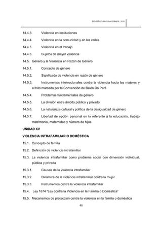 REDISEÑO CURRICULAR ESBAPOL: 2010




14.4.3.      Violencia en instituciones

14.4.4.      Violencia en la comunidad y en las calles

14.4.5.      Violencia en el trabajo

14.4.6.      Sujetos de mayor violencia

14.5. Género y la Violencia en Razón de Género

14.5.1.      Concepto de género

14.5.2.      Significado de violencia en razón de género

14.5.3.      Instrumentos internacionales contra la violencia hacia las mujeres y
       el hito marcado por la Convención de Belén Do Pará

14.5.4.      Problemas fundamentales de género

14.5.5.      La división entre ámbito público y privado

14.5.6.      La naturaleza cultural y política de la desigualdad de género

14.5.7.      Libertad de opción personal en lo referente a la educación, trabajo
       matrimonio, maternidad y número de hijos

UNIDAD XV

VIOLENCIA INTRAFAMILIAR O DOMÉSTICA

15.1. Concepto de familia

15.2. Definición de violencia intrafamiliar

15.3. La violencia intrafamiliar como problema social con dimensión individual,
       pública y privada

15.3.1.      Causas de la violencia intrafamiliar

15.3.2.      Dinámica de la violencia intrafamiliar contra la mujer

15.3.3.      Instrumentos contra la violencia intrafamiliar

15.4. Ley 1674 “Ley contra la Violencia en la Familia o Doméstica”

15.5. Mecanismos de protección contra la violencia en la familia o doméstica

                                          48
 