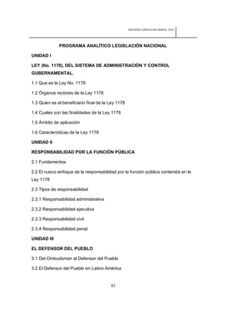REDISEÑO CURRICULAR ESBAPOL: 2010




              PROGRAMA ANALÍTICO LEGISLACIÓN NACIONAL

UNIDAD I

LEY (No. 1178), DEL SISTEMA DE ADMINISTRACIÓN Y CONTROL
GUBERNAMENTAL.

1.1 Que es la Ley No. 1178

1.2 Órganos rectores de la Ley 1178

1.3 Quien es el beneficiario final de la Ley 1178

1.4 Cuales son las finalidades de la Ley 1178

1.5 Ámbito de aplicación

1.6 Características de la Ley 1178

UNIDAD II

RESPONSABILIDAD POR LA FUNCIÓN PÚBLICA

2.1 Fundamentos

2.2 El nuevo enfoque de la responsabilidad por la función pública contenida en la
Ley 1178

2.3 Tipos de responsabilidad

2.3.1 Responsabilidad administrativa

2.3.2 Responsabilidad ejecutiva

2.3.3 Responsabilidad civil

2.3.4 Responsabilidad penal

UNIDAD III

EL DEFENSOR DEL PUEBLO

3.1 Del Ombudsman al Defensor del Pueblo

3.2 El Defensor del Pueblo en Latino América


                                         93
 