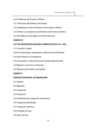 REDISEÑO CURRICULAR ESBAPOL: 2010




3.3 El Defensor del Pueblo en Bolivia

3.3.1 Principios del Defensor del Pueblo

3.3.2 Reflexiones sobre el Defensor del Pueblo en Bolivia

3.3.3 Misión y Competencia del Defensor del Pueblo en Bolivia

3.3.4 El Defensor del Pueblo y la Policía Nacional

UNIDAD IV

LEY DE DESCENTRALIZACIÓN ADMINISTRATIVA No. 1654

4.1 Concepto y objeto

4.2 De la Naturaleza, designación y atribuciones del Prefecto

4.3 Sub-Prefectos y Corregidores

4.4 Composición y atribuciones del Consejo Departamental

4.5 Régimen económico y financiero

4.6 Disposiciones finales y transitorias

UNIDAD V

SERVICIO NACIONAL DE MIGRACIÓN

5.1 Objetivo

5.2 Migración

5.3 Inmigración

5.4 Emigración

5.5 Definiciones de inmigración espontánea

5.6 Inmigración planificada

5.7 Inmigración selectiva

5.8 Concepto de Visa

5.9 Clase de Visa

                                           94
 